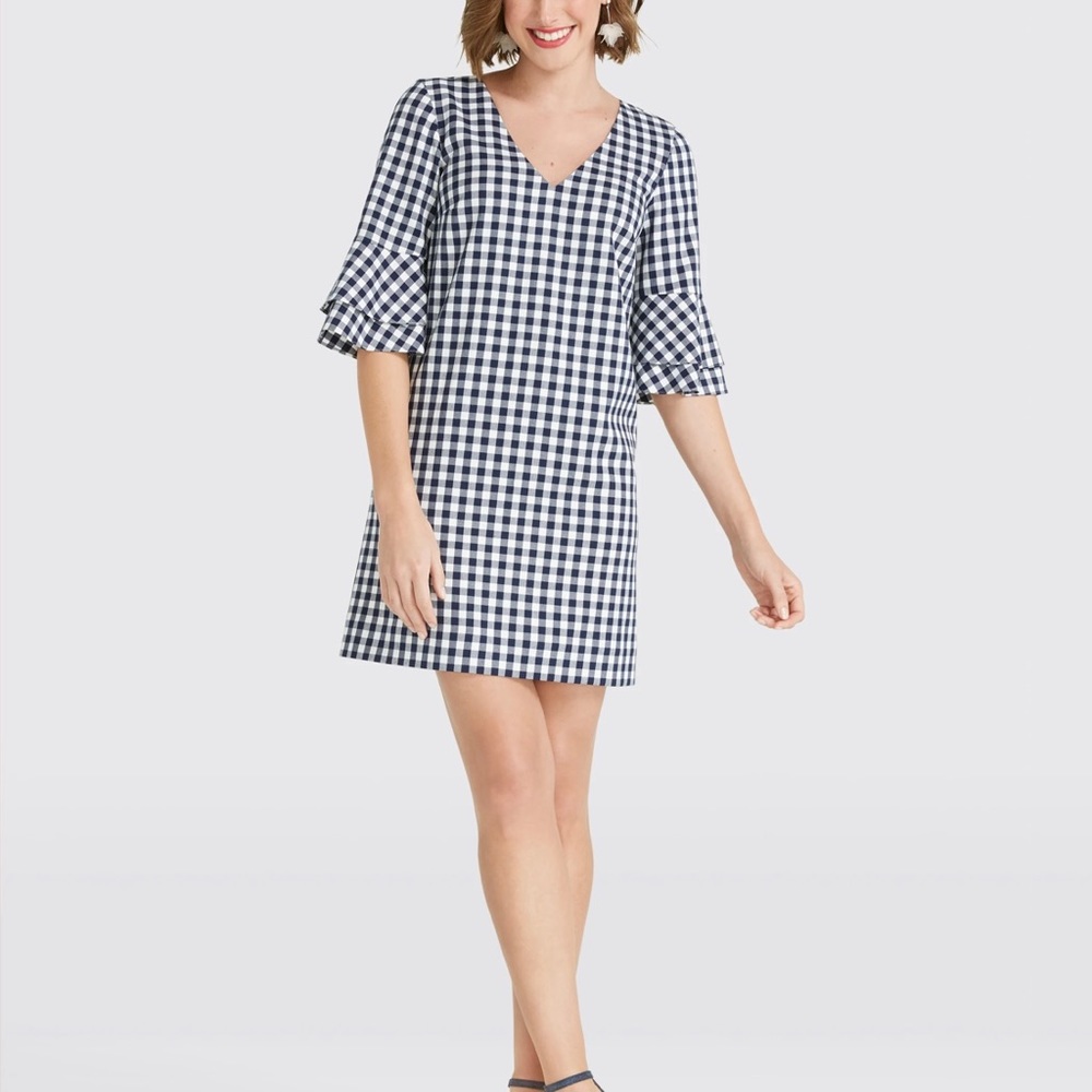 Draper James Gingham Double Bell Sleeve Shift Dress Navy White Size 12 NWT